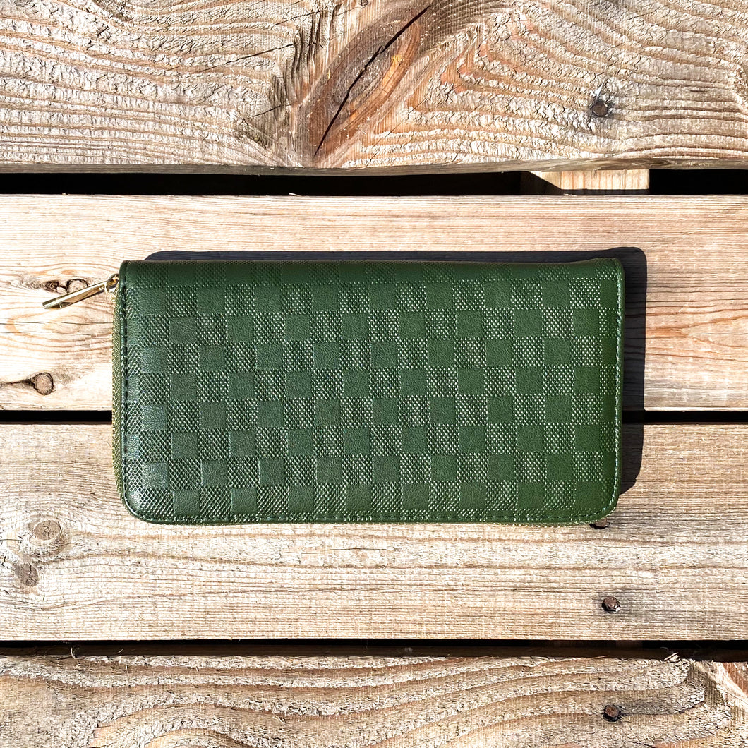 Olive Green Wallet with Checker Design