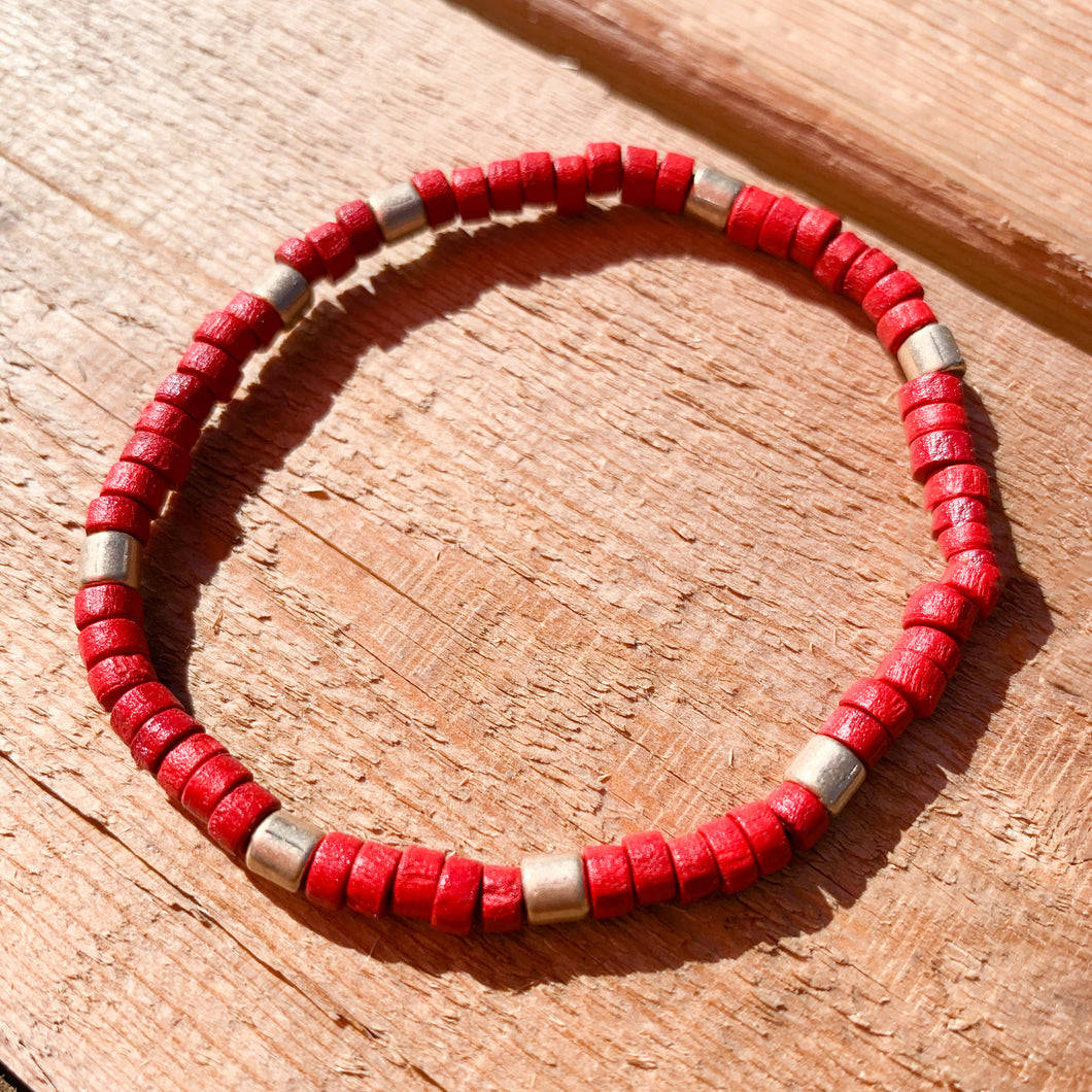 Wood and Metal Barrel Beads in Red and Gold