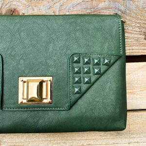 Retro Studded Clutch, Forest Green